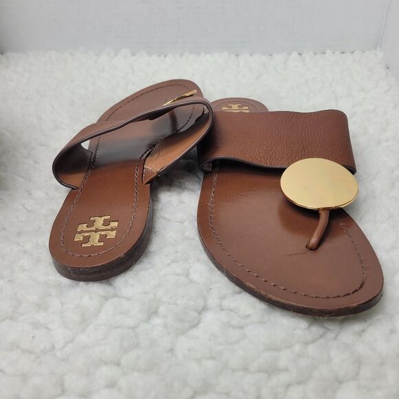 Tory Burch Patos Disk Womens Flip Flops Sandals Size 8.5 Brown Leather - Picture 7 of 10